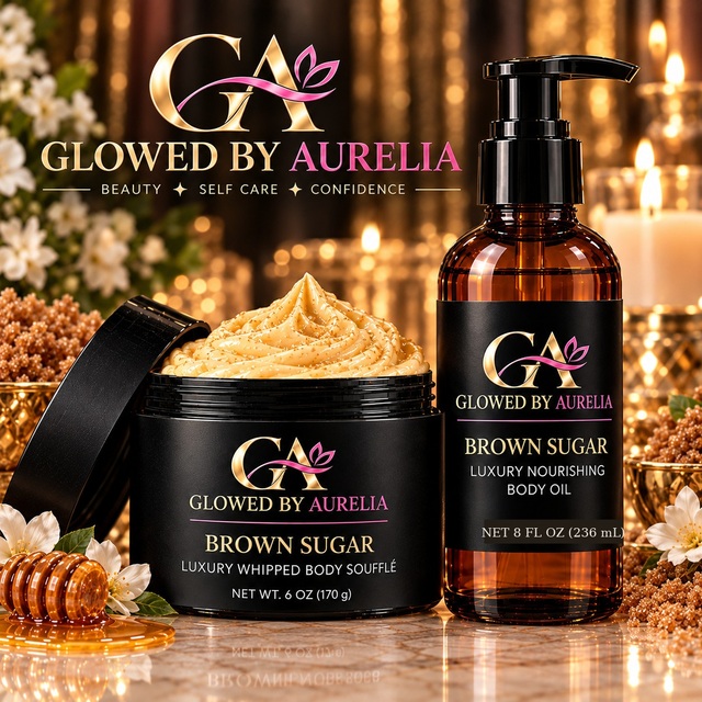 Brown Sugar Luxury Whipped Body Soufflé and Luxury Nourishing Body Oil by Glowed By Aurelia in black jars and amber glass bottles