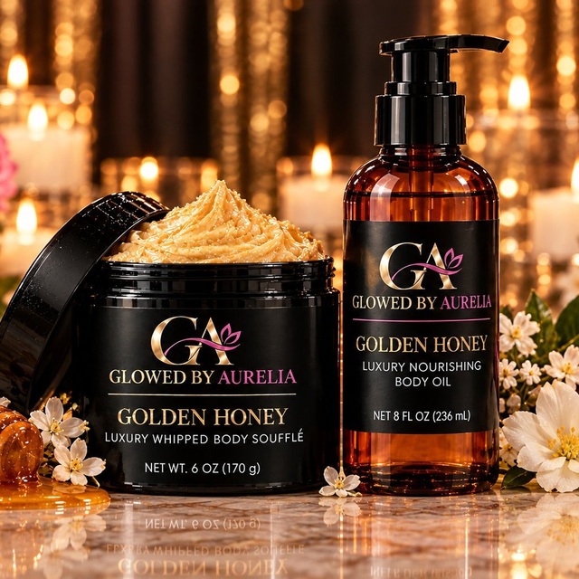 Golden Honey Luxury Whipped Body Soufflé and Luxury Nourishing Body Oil by Glowed By Aurelia in black jars and amber glass bottles