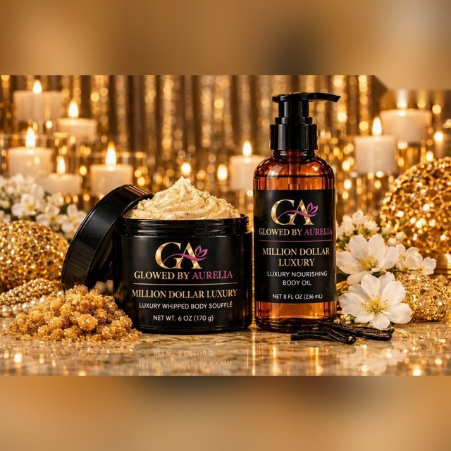 Million Dollar Luxury Whipped Body Soufflé and Luxury Nourishing Body Oil by Glowed By Aurelia in black jars and amber glass bottles
