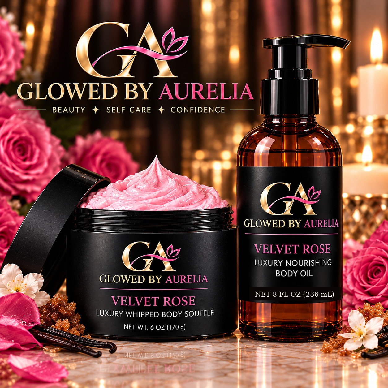 Velvet Rose Luxury Whipped Body Soufflé and Luxury Nourishing Body Oil by Glowed By Aurelia in black jars and amber glass bottles