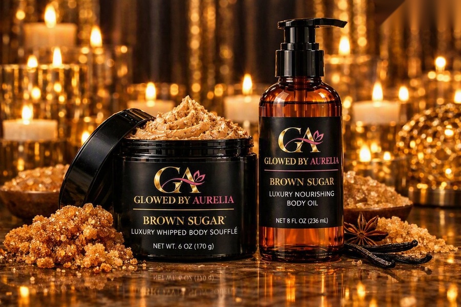 Brown Sugar Bundle: Luxury Whipped Body Soufflé jar and Luxury Nourishing Body Oil bottle by Glowed By Aurelia