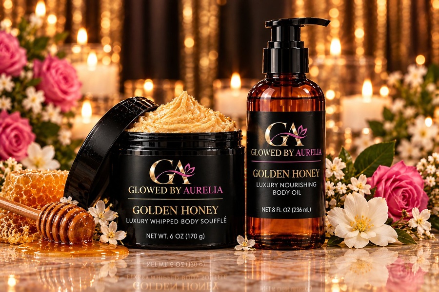 Golden Honey Bundle: Luxury Whipped Body Soufflé jar and Luxury Nourishing Body Oil bottle by Glowed By Aurelia