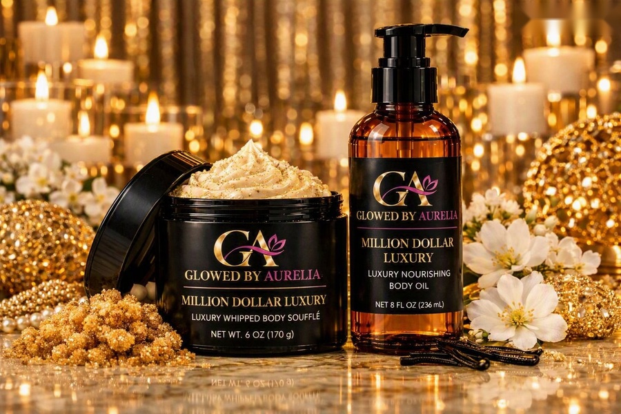 Million Dollar Luxury Bundle: Luxury Whipped Body Soufflé jar and Luxury Nourishing Body Oil bottle by Glowed By Aurelia