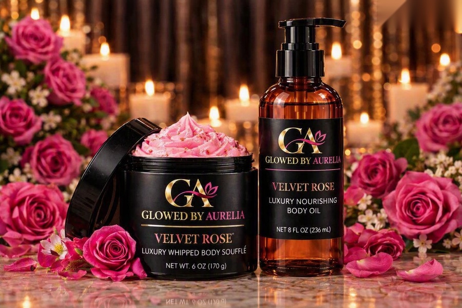 Velvet Rose Bundle: Luxury Whipped Body Soufflé jar and Luxury Nourishing Body Oil bottle by Glowed By Aurelia